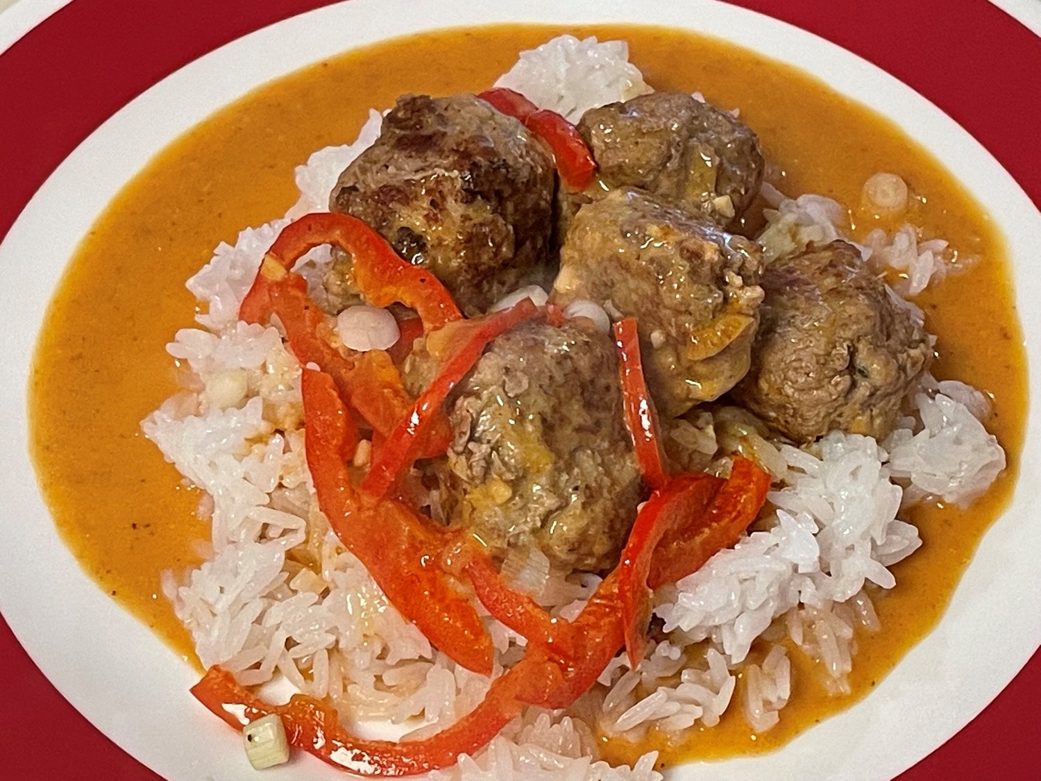 Pork and Beef Meatballs with Coconut Red Curry Sauce