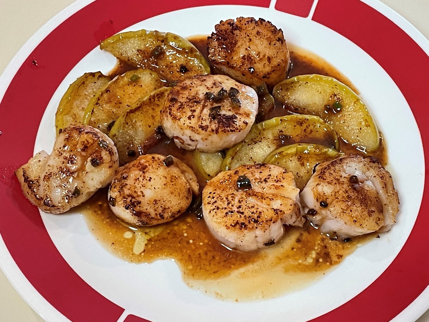 Seared Sea Scallops with Butter, Apple, Jalapeno Sauce